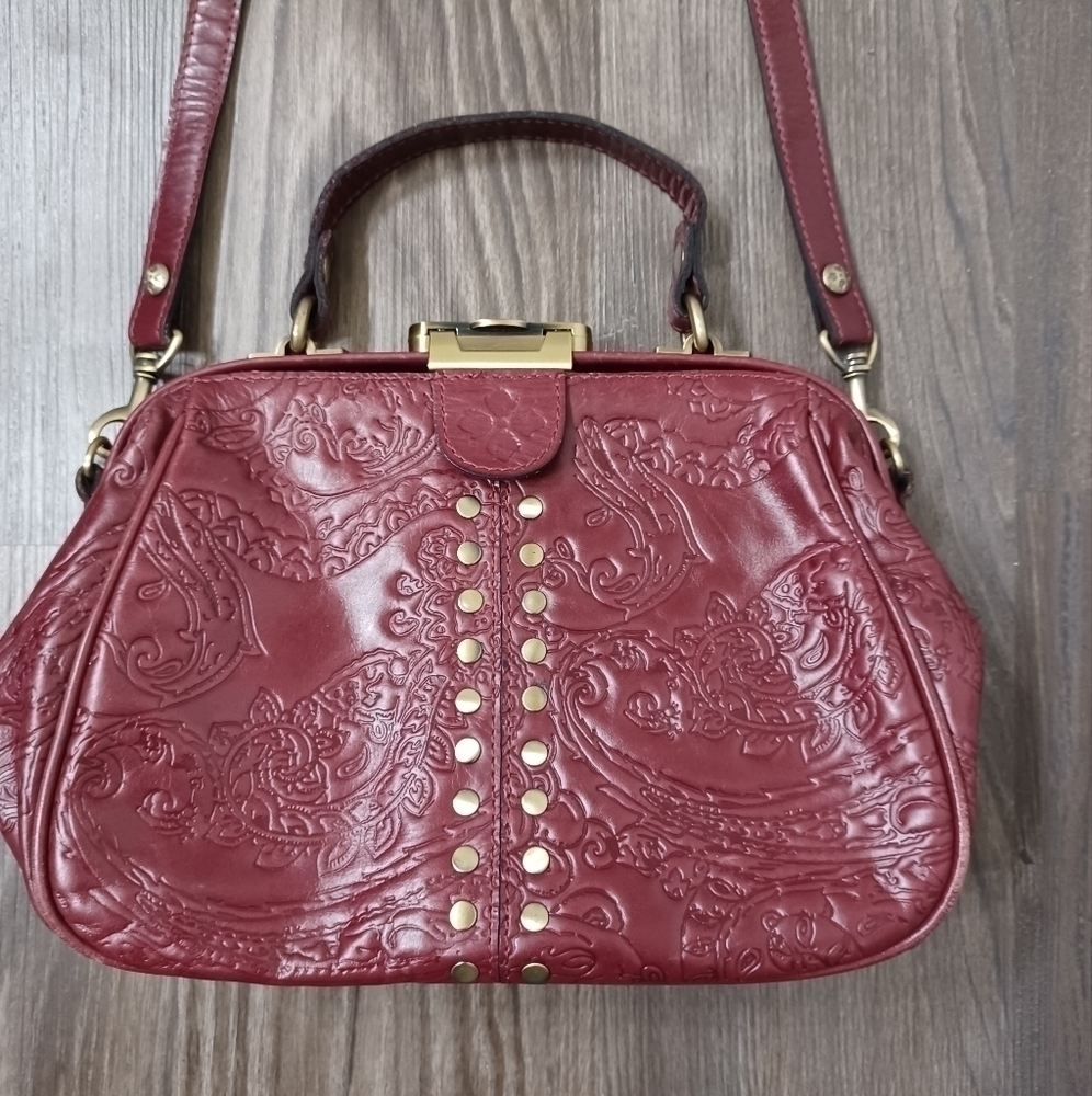Patricia Nash Embossed Leather Crossbody Bag in Burgundy with Gold Hardware
